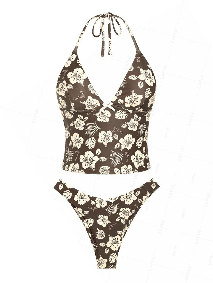 Seamolly Floral Leaves Print Bowknot Decor Halter Tied Tankini Set