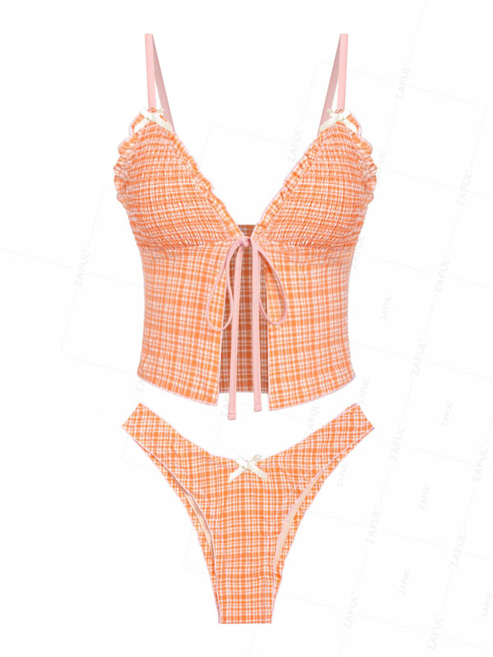 Seamolly Gingham Bowknot Smocked Ruffles Tie Front Tankini Set