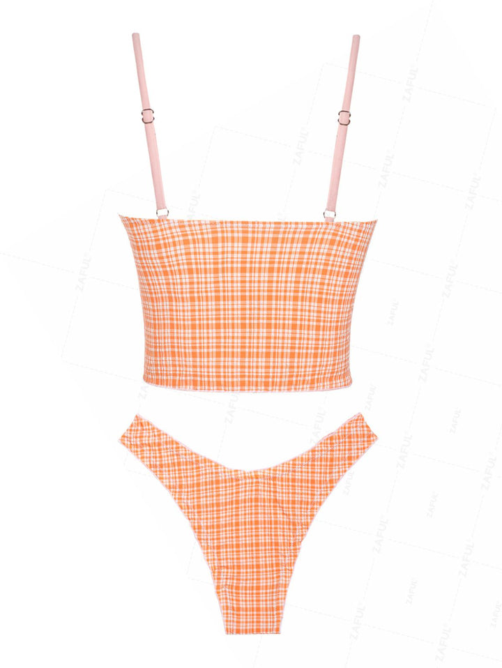 Seamolly Gingham Bowknot Smocked Ruffles Tie Front Tankini Set