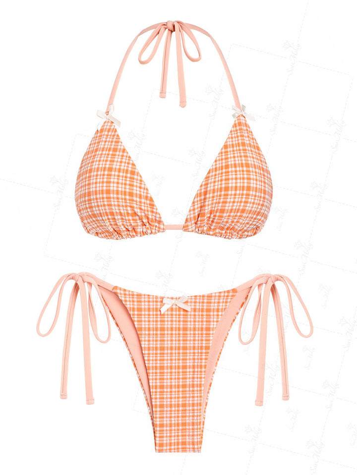 Seamolly Gingham Bowknot Decor Halter Tied Triangle Tie Side Bikini Set