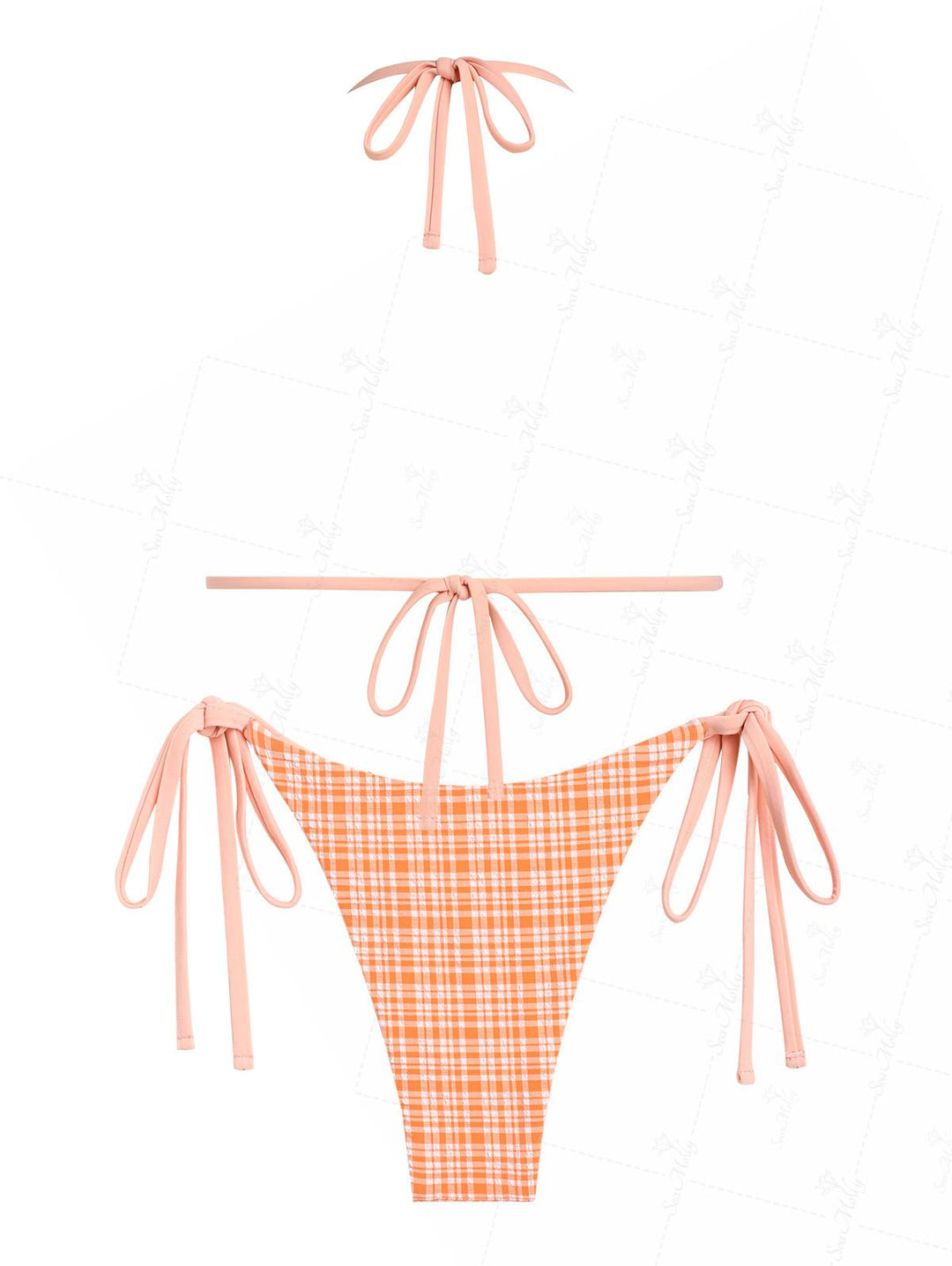 Seamolly Gingham Bowknot Decor Halter Tied Triangle Tie Side Bikini Set