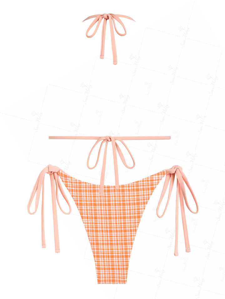 Seamolly Gingham Bowknot Decor Halter Tied Triangle Tie Side Bikini Set