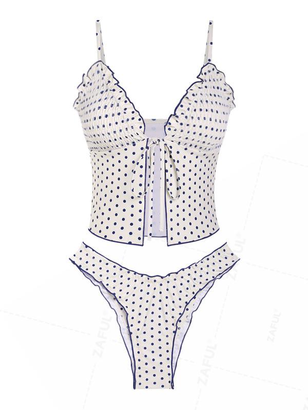 Seamolly Polka Dots Smocked Ruffles Tie Front Tankini Set