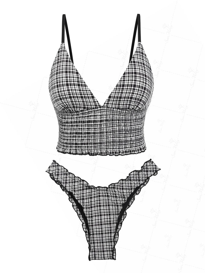 Seamolly Gingham Smocked Lettuce Trim Tankini Set