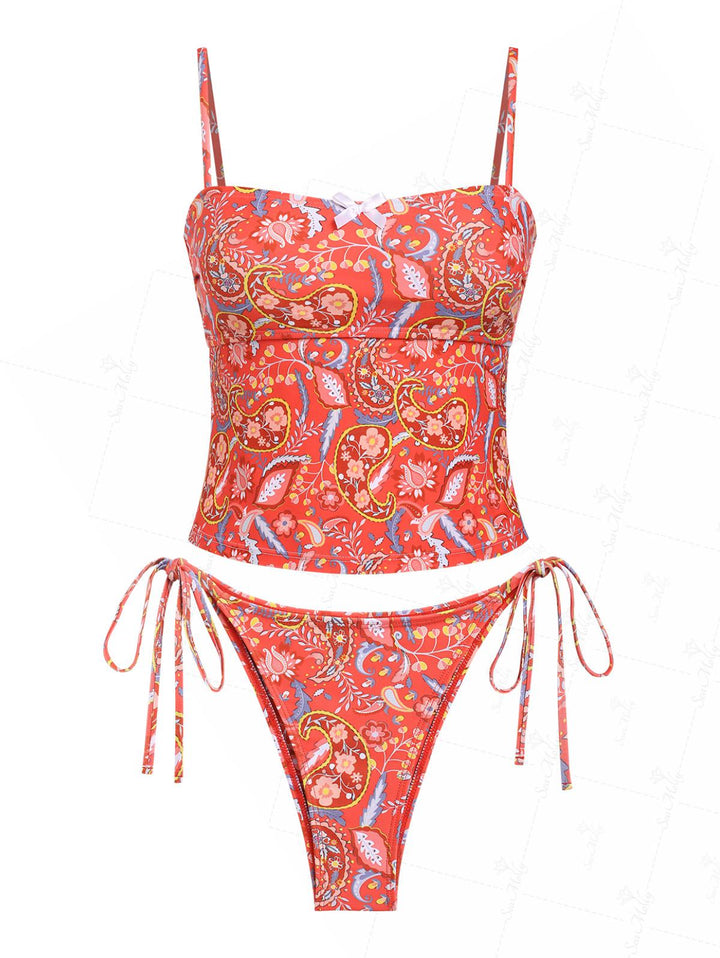 Seamolly Ethnic Paisley Print Bowknot Decor Tie Side Tankini Set