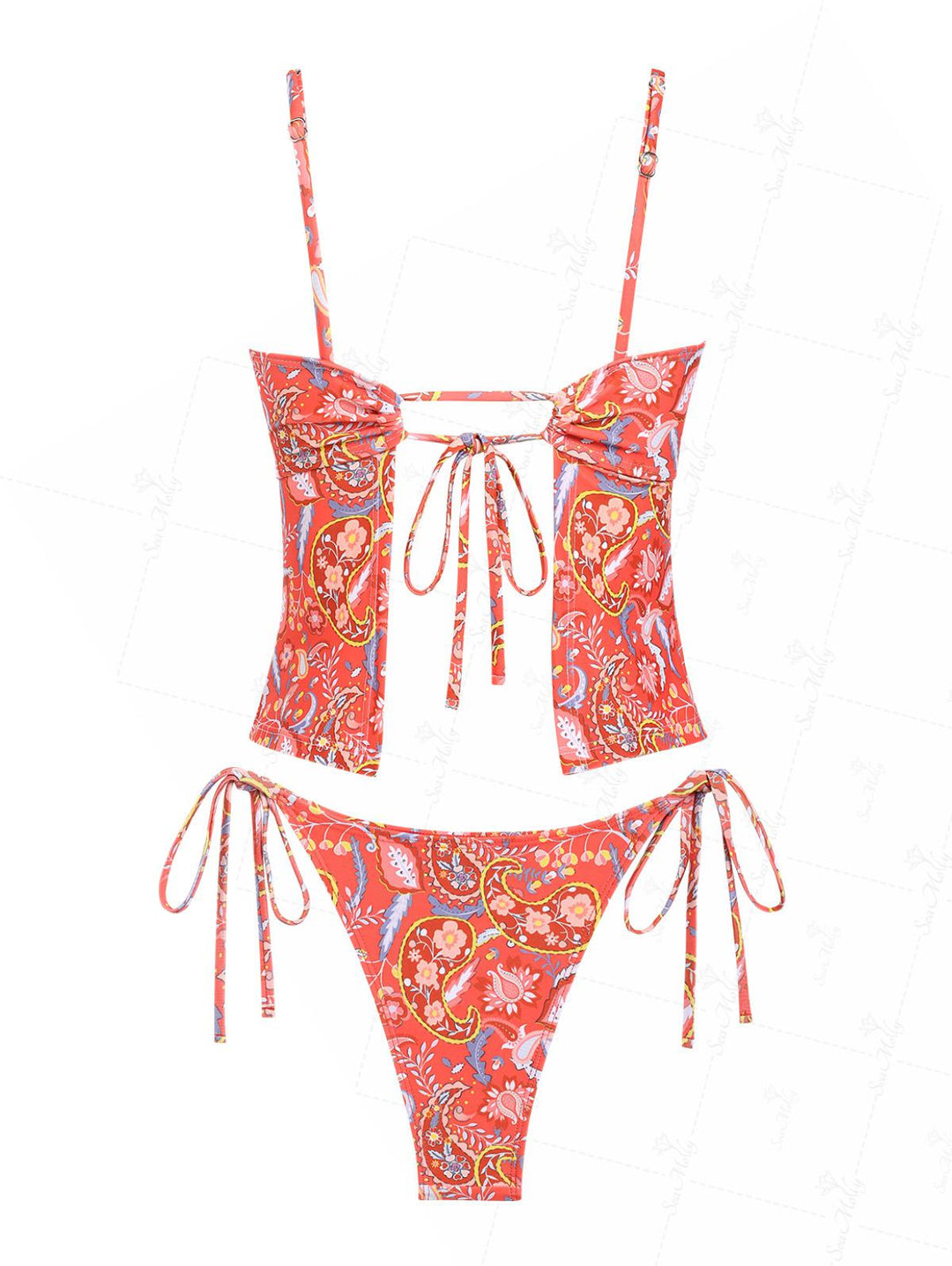 Seamolly Ethnic Paisley Print Bowknot Decor Tie Side Tankini Set