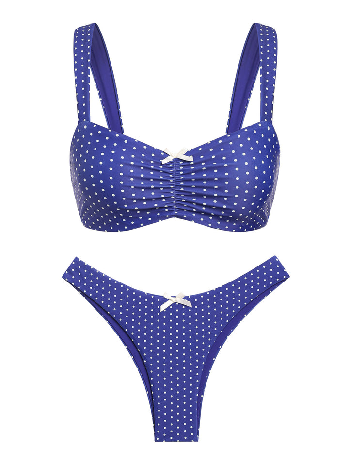 Seamolly Polka Dots Ruched Bowknot Decor Tank Style Cheeky Bikini Set