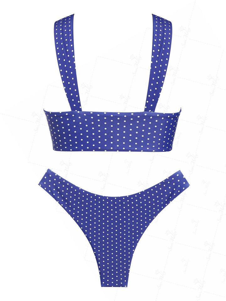 Seamolly Vintage Polka Dots Ruched Bowknot Decor Tank Style Cheeky Bikini Set