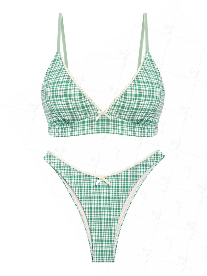 Seamolly Gingham Bowknot Decor Tied Back Cheeky Bikini Set