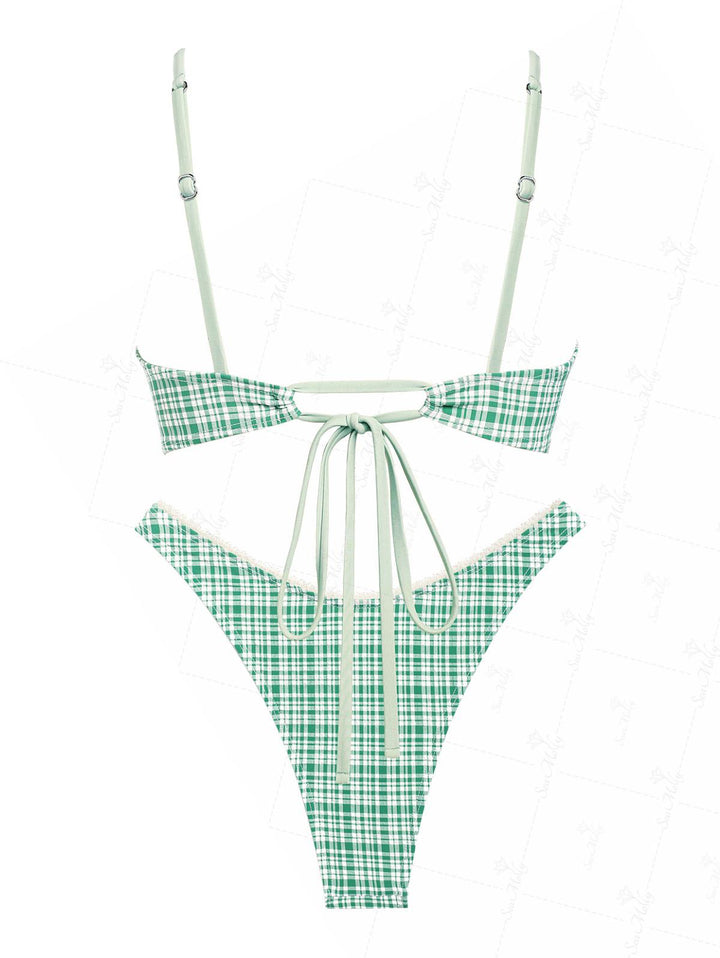 Seamolly Gingham Bowknot Decor Tied Back Cheeky Bikini Set