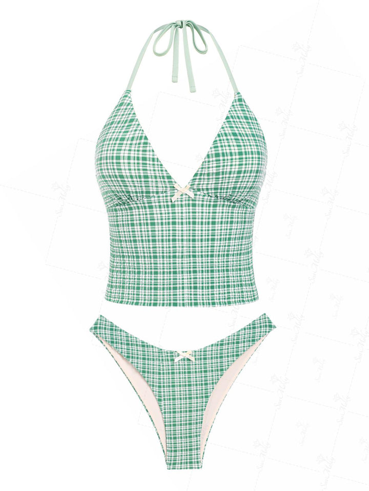 Seamolly Gingham Bowknot Decor Halter Tied Back Cheeky Tankini Set