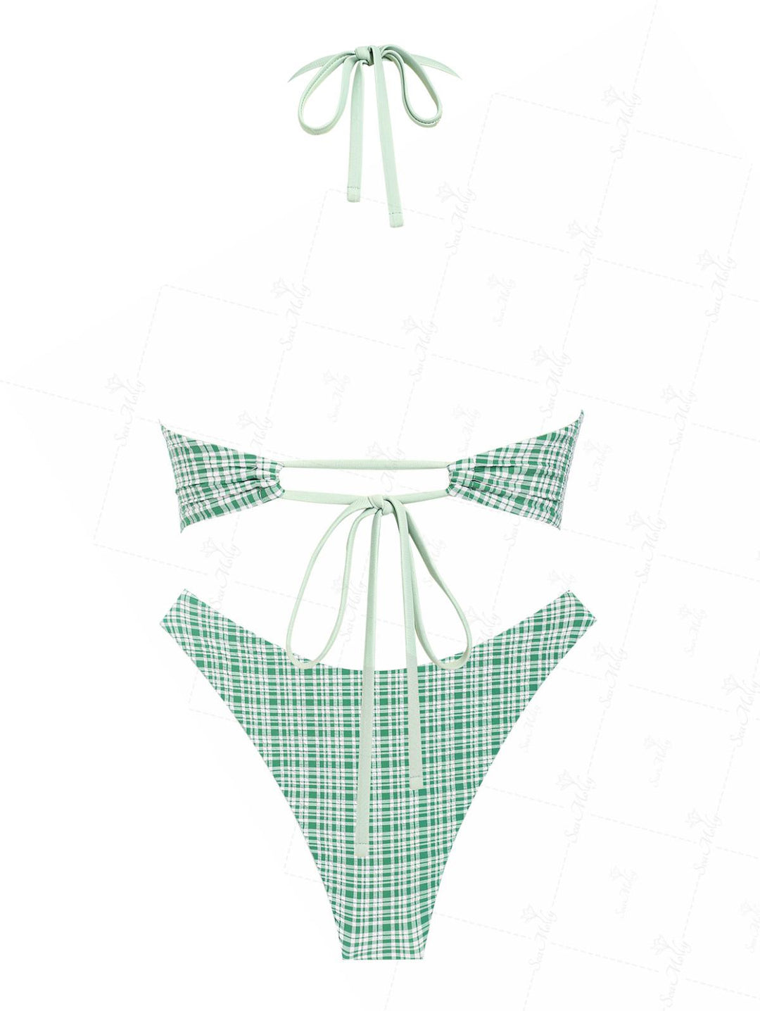 Seamolly Gingham Bowknot Decor Halter Tied Back Cheeky Tankini Set