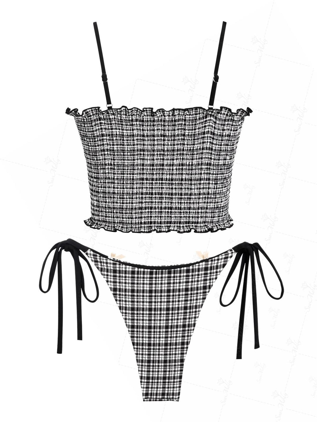 Seamolly Vintage Gingham Smocked Lettuce Trim Bowknot Decor Tie Side Tankini Set