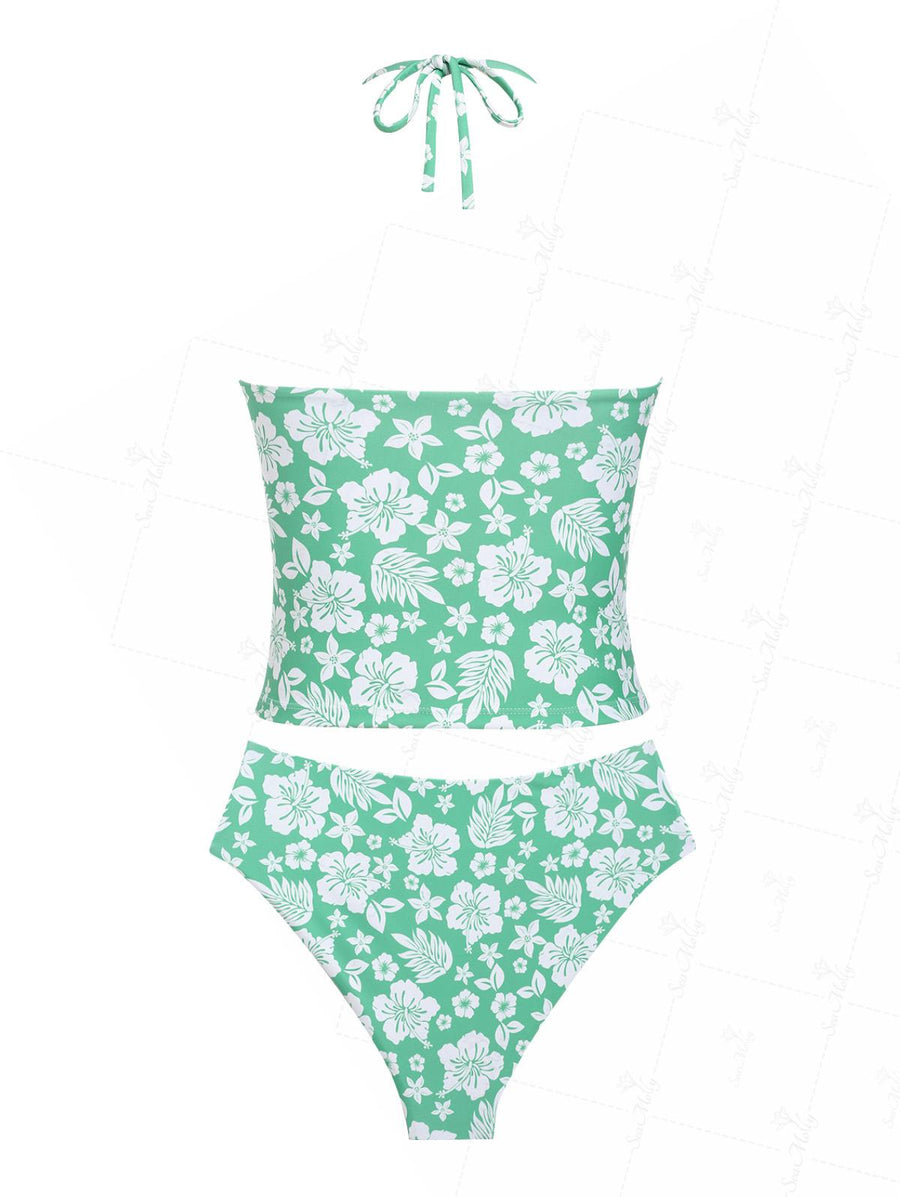 Fashion Halter Neck Floral Print Tankini Set