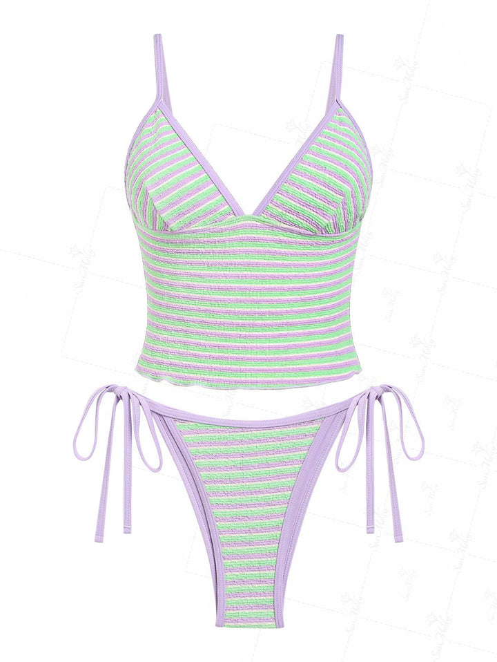 Seamolly Contrast Binding Striped Tie Side Tankini Set