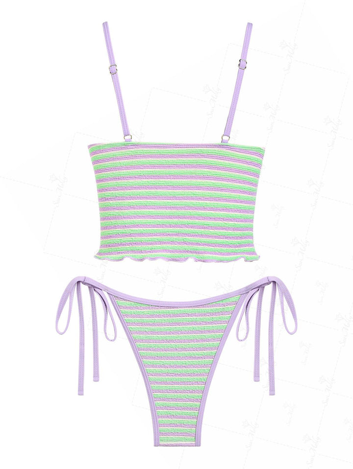 Seamolly Contrast Binding Striped Tie Side Tankini Set