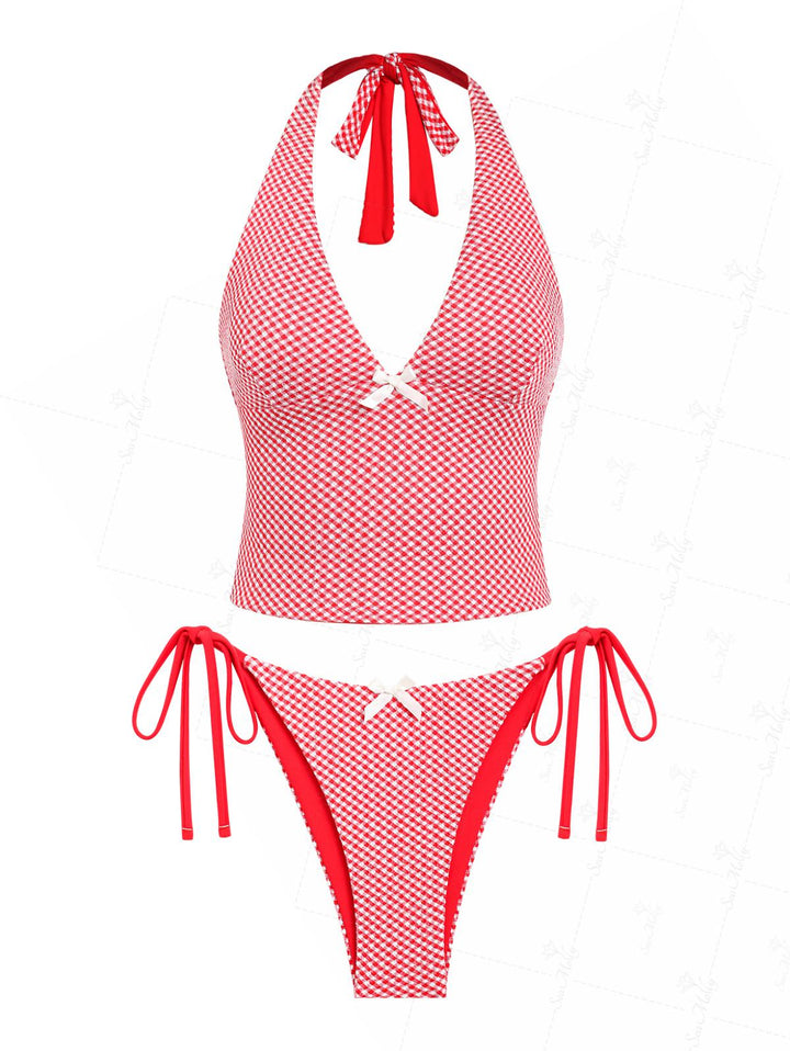 Seamolly Red Gingham Bowknot Decor Halter Tie Side Tankini Set