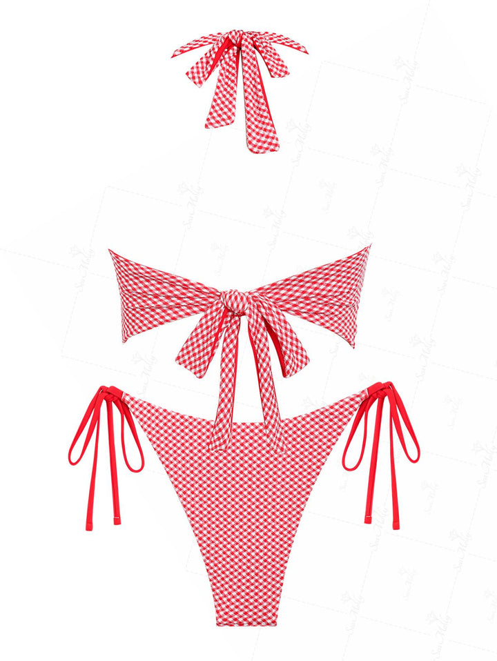 Seamolly Red Gingham Bowknot Decor Halter Tie Side Tankini Set