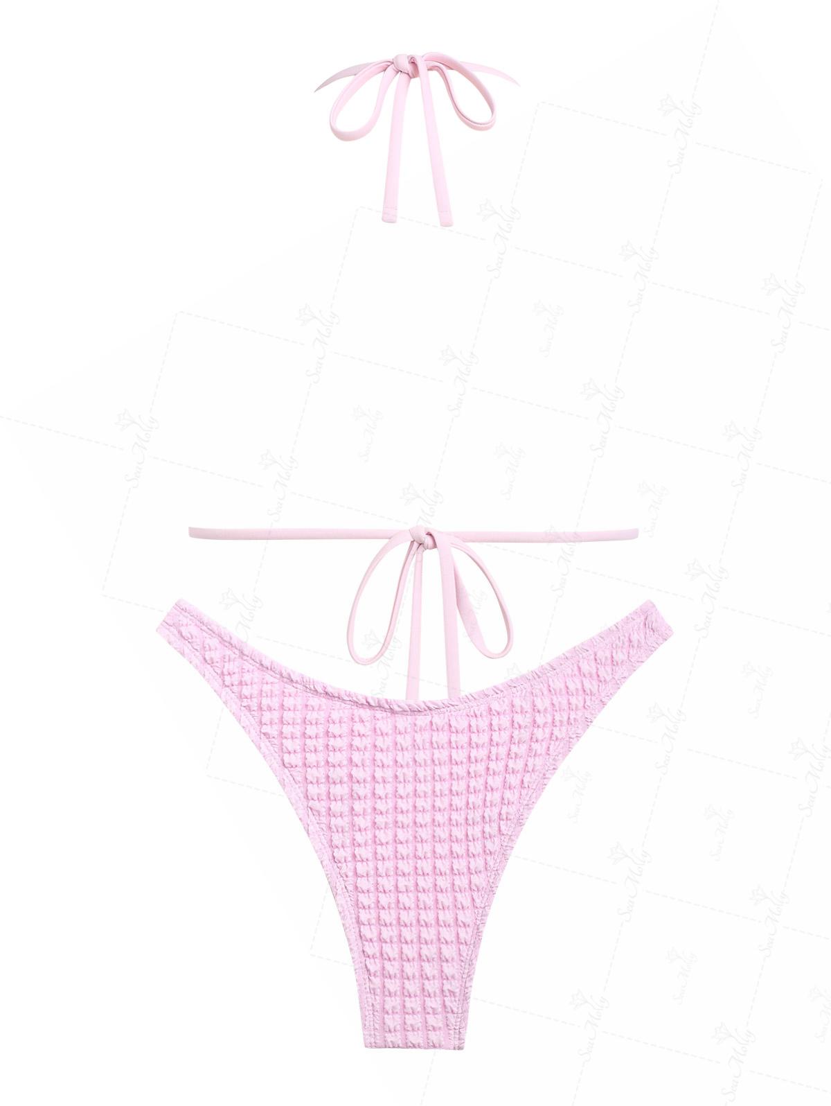 Seamolly Solid Color Textured Cinched Tied Shell Decor Tie Side Bikini Set
