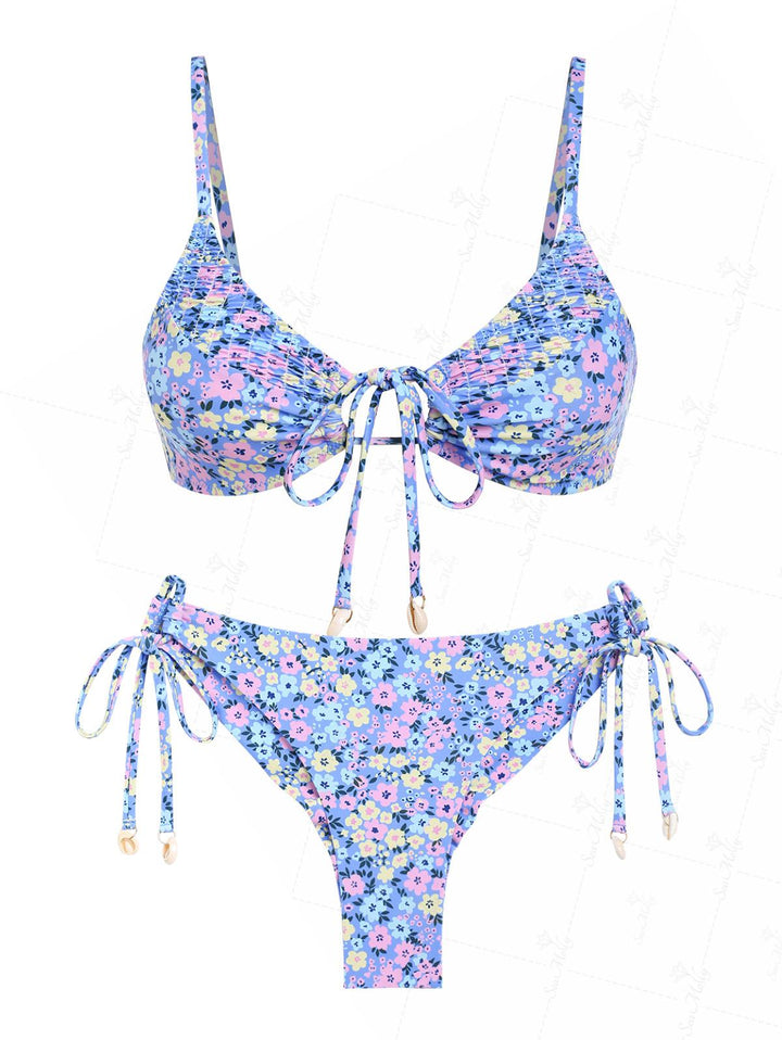 Seamolly Ditsy Floral  Shell Decor Tie Side Brazilian Bottom Bikini Set