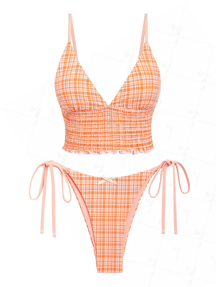 Seamolly Gingham Smocked Bowknot Decor Triangle Tie Side Tankini Set