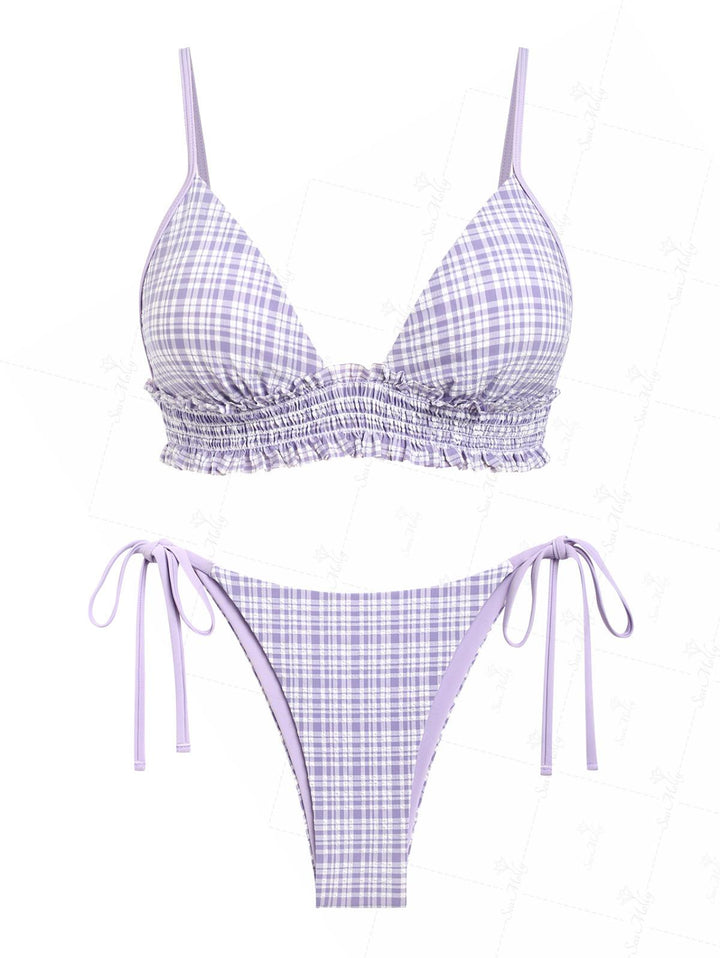 Seamolly Gingham Smocked Shirred Tie Side String Bikini Set