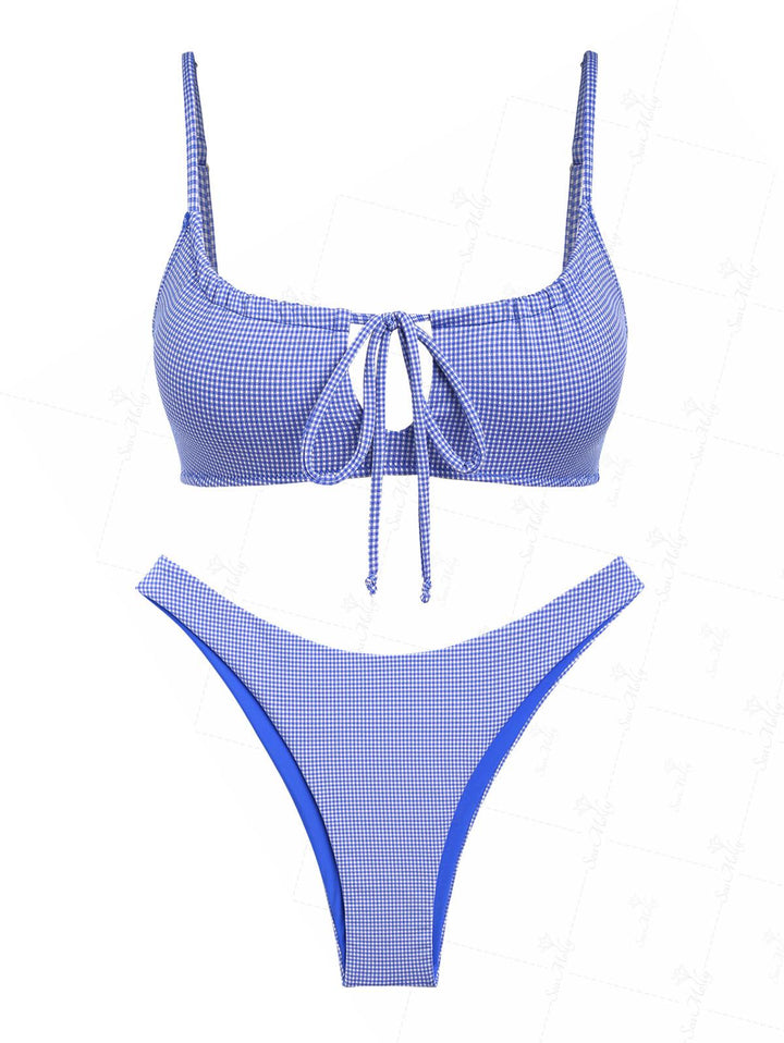 Seamolly Blue Mini Gingham Drawstring Tied Cheeky Bikini Set