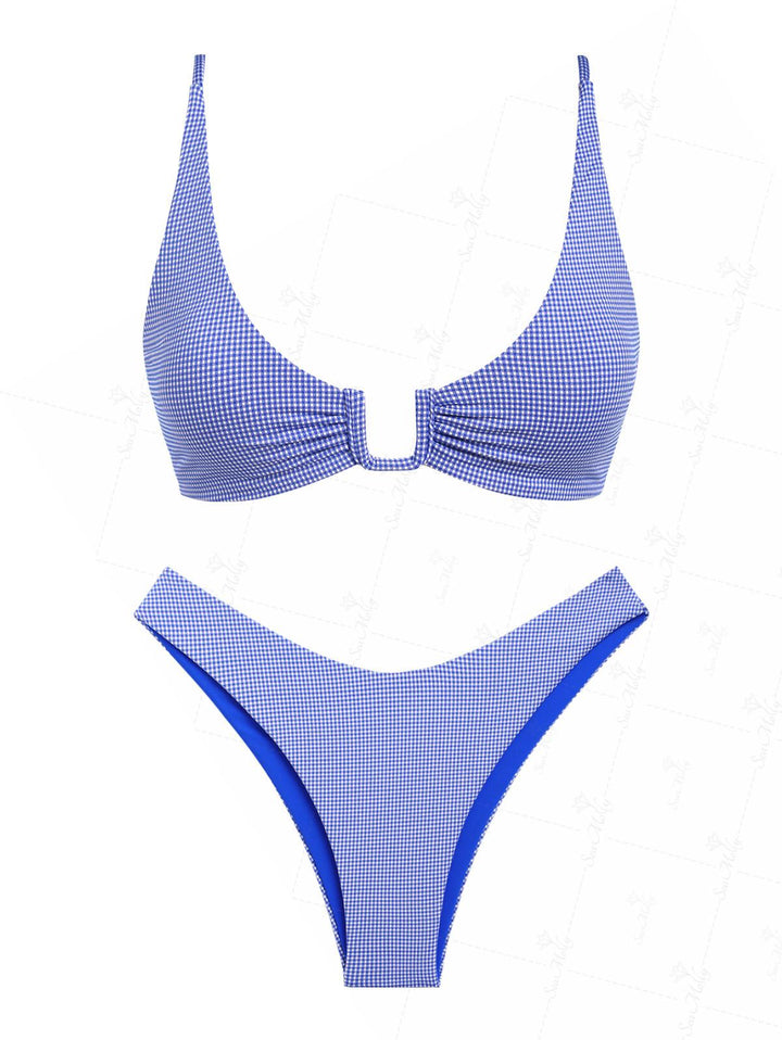 Seamolly Blue Mini Gingham U-ring Tied Back Bikini Set