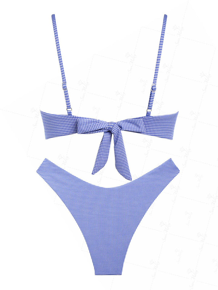 Seamolly Blue Mini Gingham U-ring Tied Back Bikini Set