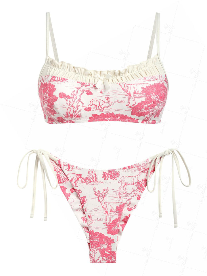 Seamolly Biological Print Ruched Ruffles Bowknot Decor Tie Side Bikini Set