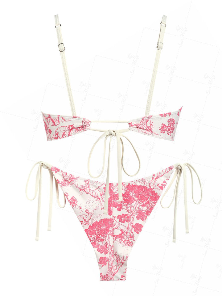 Seamolly Biological Print Ruched Ruffles Bowknot Decor Tie Side Bikini Set