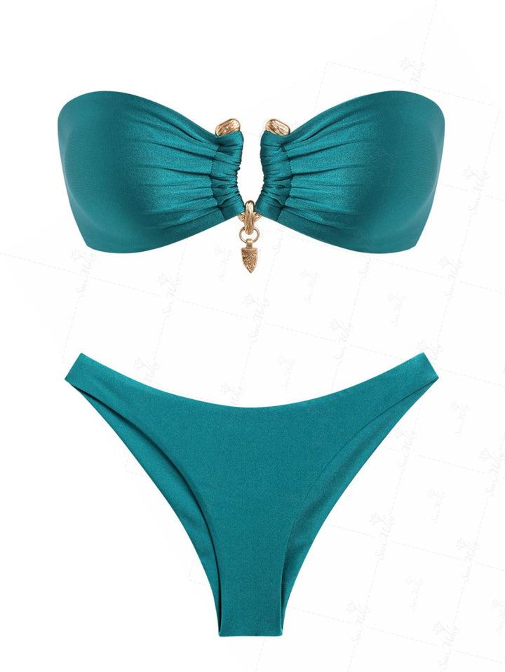 Seamolly Bikini-Set mit gerüschtem U-Ring, Metallrücken und gebundenem Bandeau-Oberteil und brasilianischem Unterteil