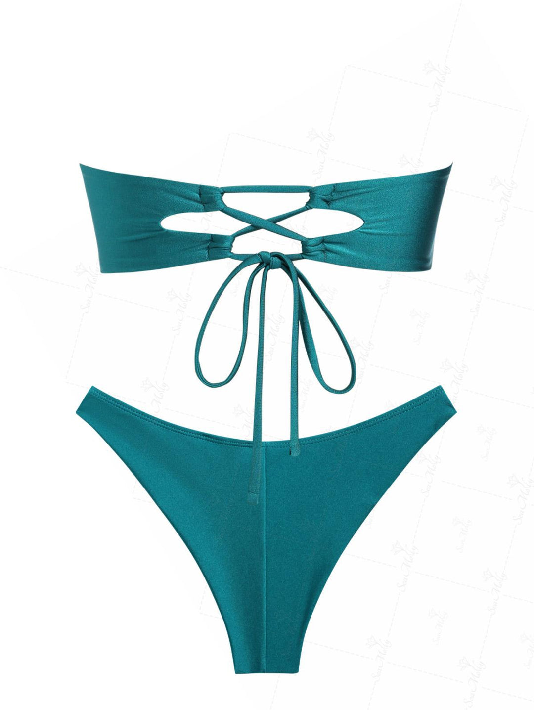 Seamolly Ruched U-ring Metal Tied Back Bandeau Top & Brazilian Bottom Bikini Set