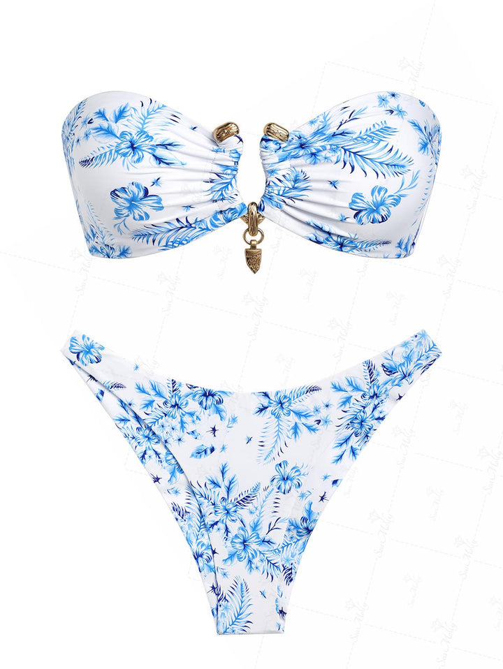 Seamolly Floral Print U-ring Decor Bandeau Top & Brazilian Bottom Bikini Set