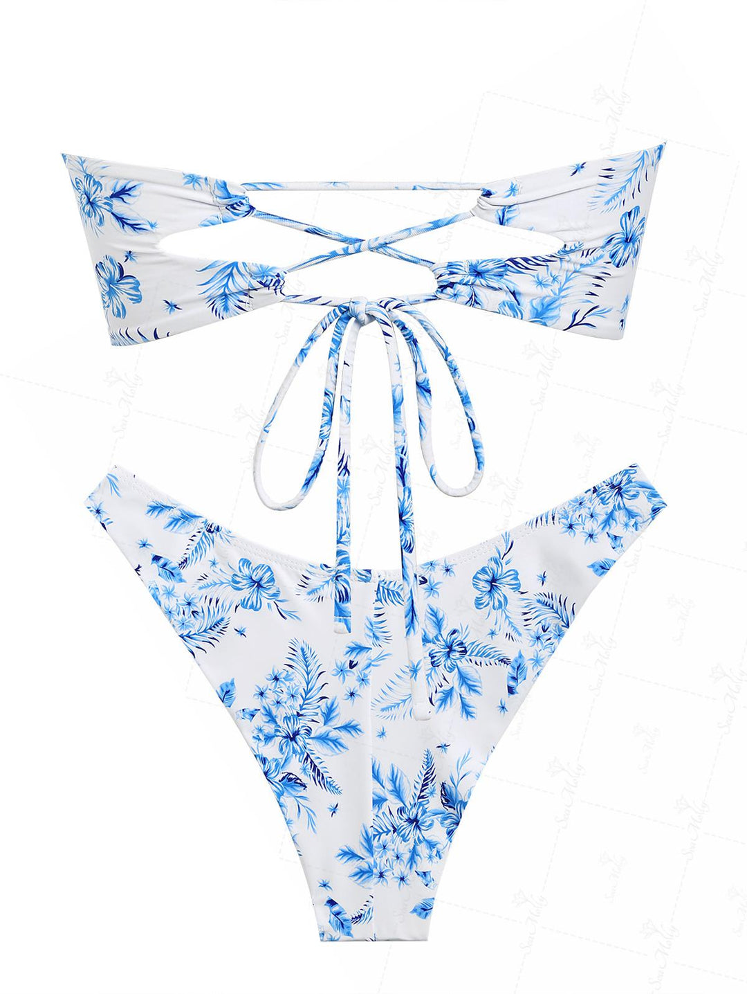 Seamolly Vintage Floral Print U-ring Decor Bandeau Top & Brazilian Bottom Bikini Set