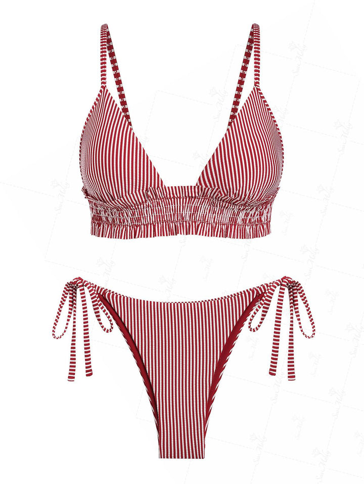 Seamolly Vintage Striped Smocked String Tie Side Triangle Bikini Set