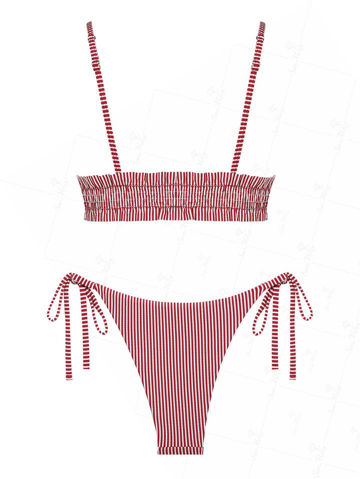 Seamolly Striped Smocked String Tie Side Triangle Bikini Set