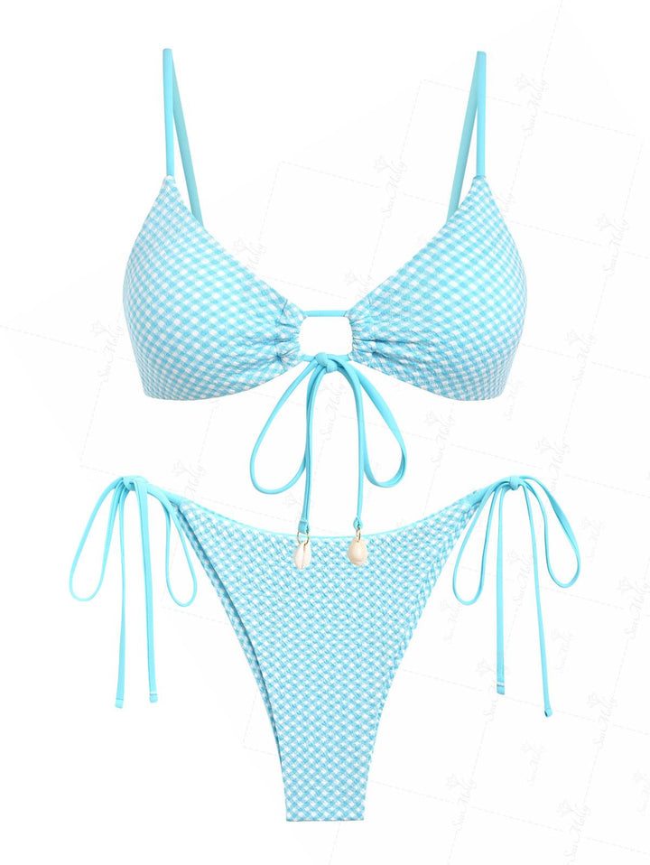 Seamolly Gingham Cinched Tied Shell Decor Tie Side Brazilian Bottom Bikini Set