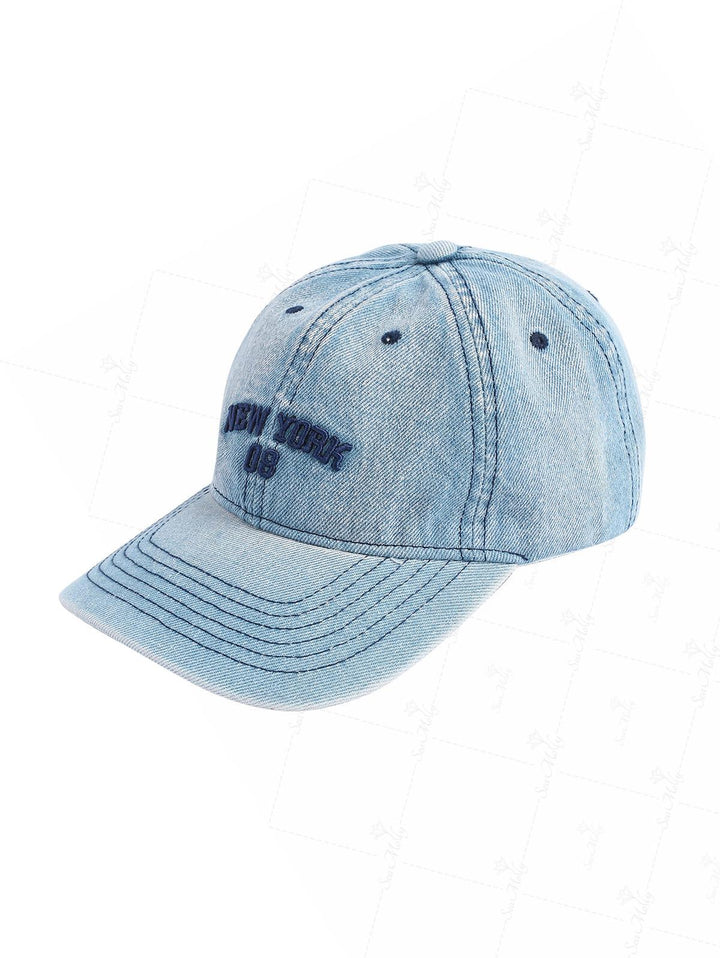 Letter Number Embroidered Faded Wash Denim Baseball Cap