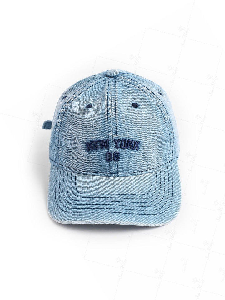 Letter Number Embroidered Faded Wash Denim Baseball Cap