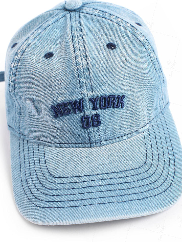 Letter Number Embroidered Faded Wash Denim Baseball Cap