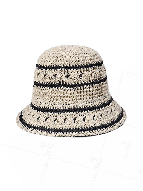 Black Striped Hollow Out Crochet Straw Bucket Hat