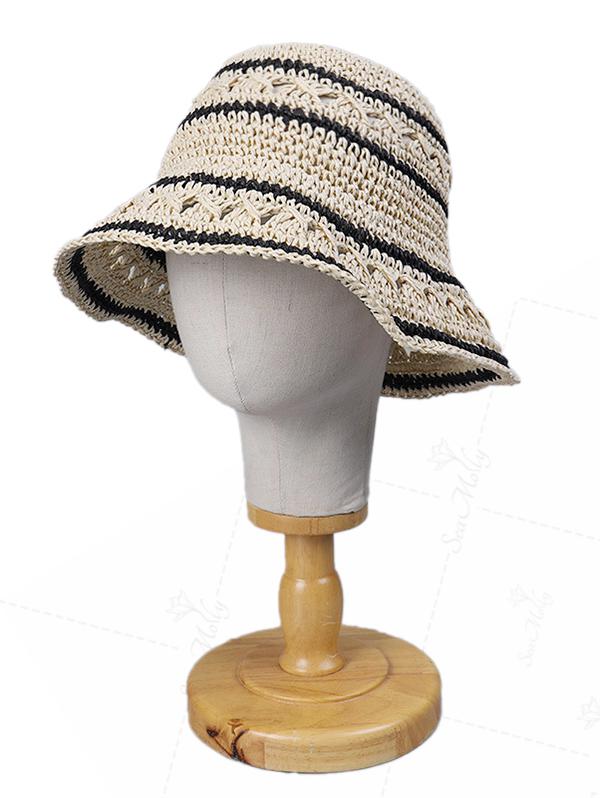 Black Striped Hollow Out Crochet Straw Bucket Hat