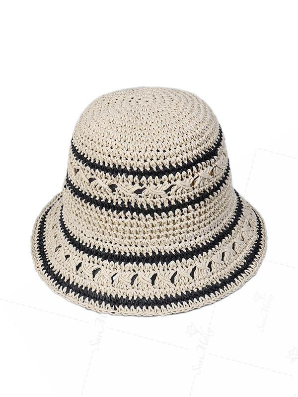 Black Striped Hollow Out Crochet Straw Bucket Hat