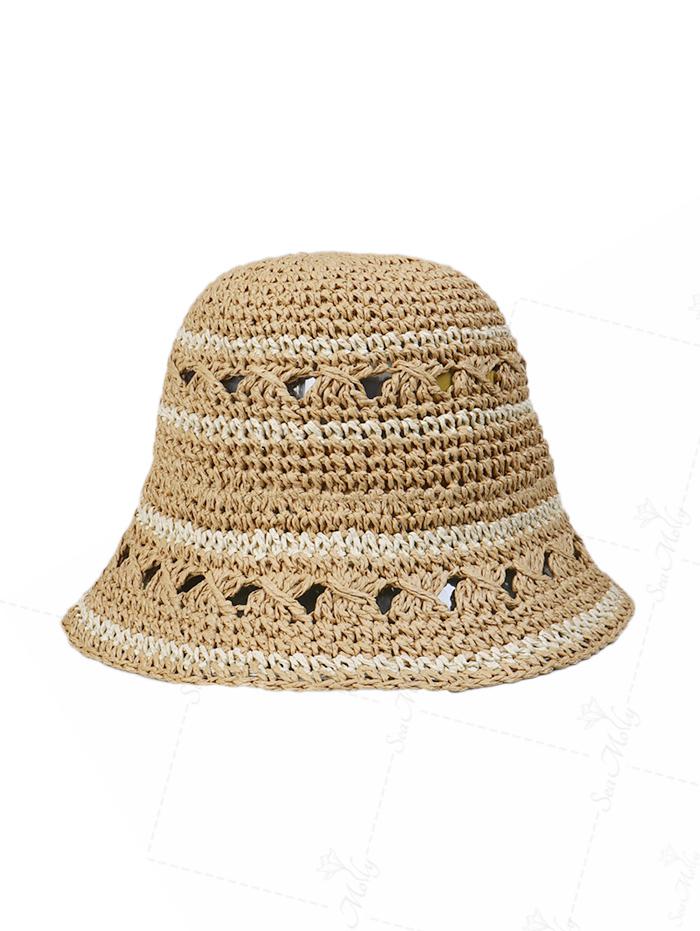 Striped Hollow Out Crochet Straw Bucket Hat