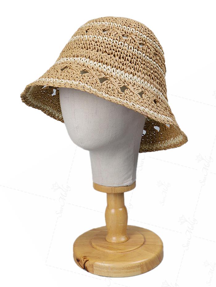 Striped Hollow Out Crochet Straw Bucket Hat