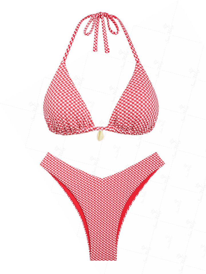 Seamolly Red Gingham Shell Decor Halter Tied Triangle Cheeky Bikini Set