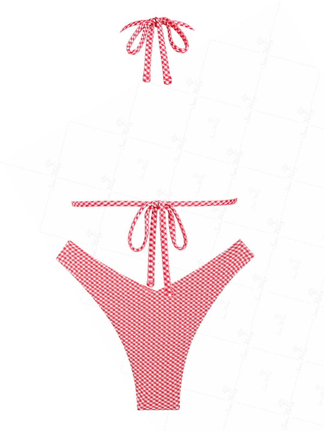 Seamolly Red Gingham Shell Decor Halter Tied Triangle Cheeky Bikini Set