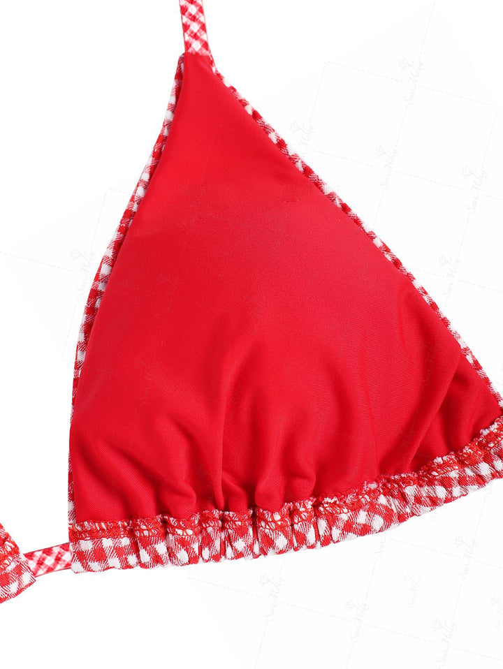 Seamolly Red Gingham Shell Decor Halter Tied Triangle Cheeky Bikini Set