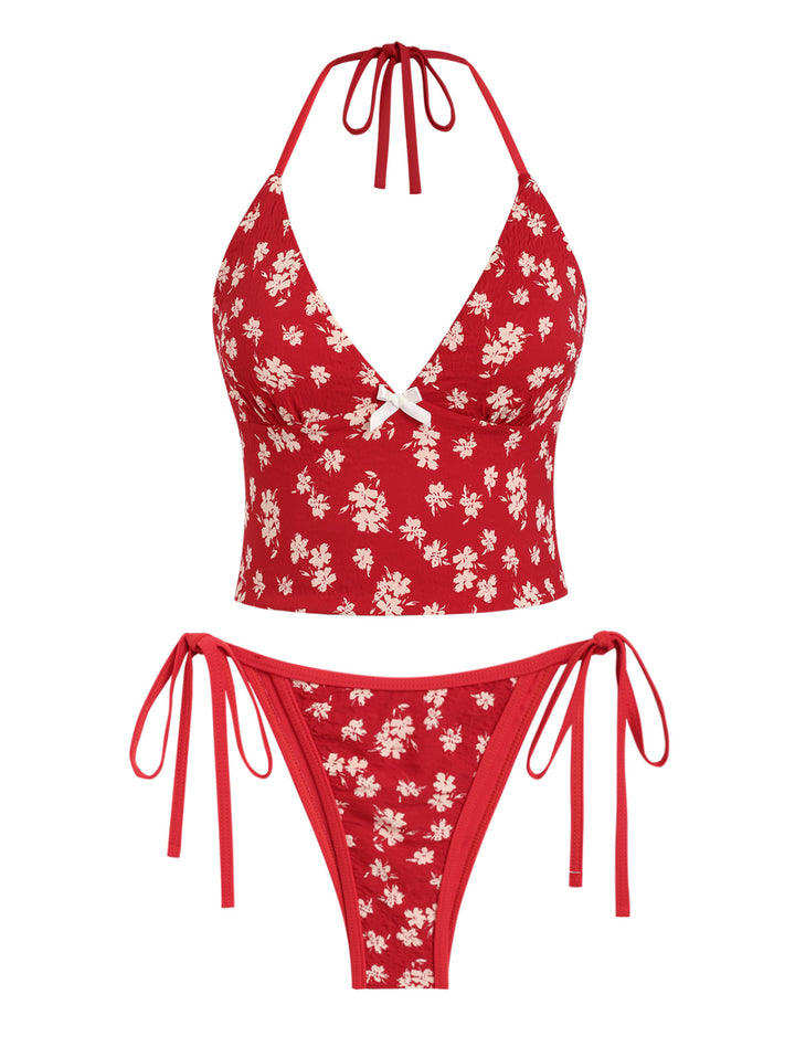 Seamolly Floral Print Bowknot Decor Halter Tied Back Tie Side Tankini Set